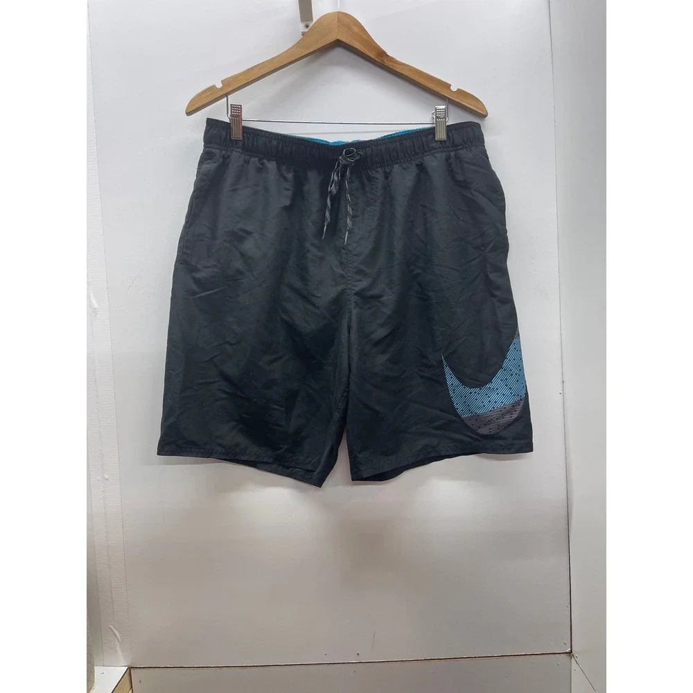Nike Mens Swim Trunks Black Blue Oversized Swoosh Mesh Lined Board Shorts XL